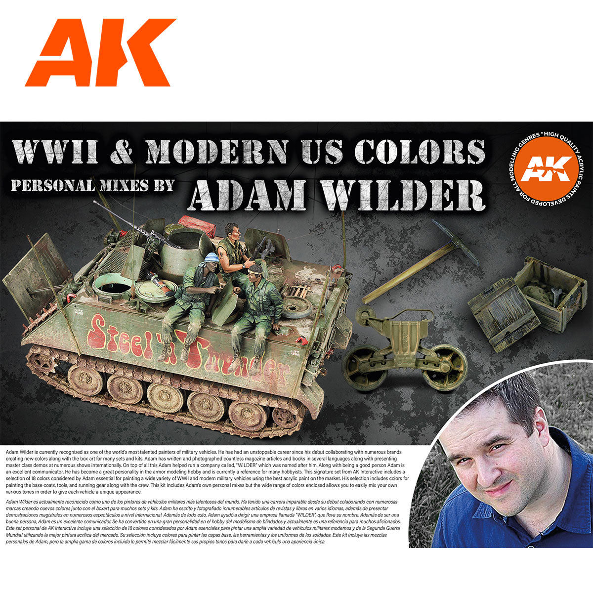 AK Interactive paint set for WWII/Modern US models -  showing a detailed M113 APC with soldiers and Adam Wilder