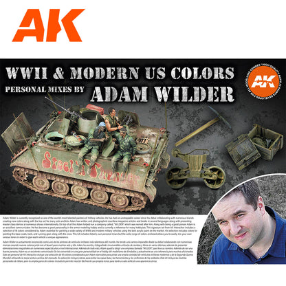 AK Interactive paint set for WWII/Modern US models -  showing a detailed M113 APC with soldiers and Adam Wilder