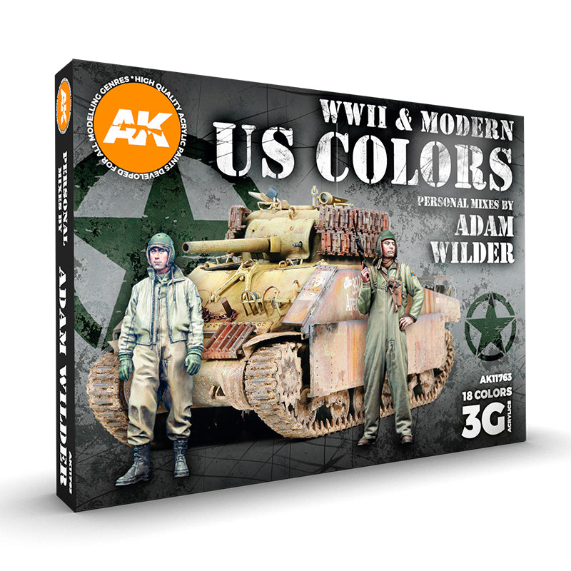 AK "WWII & Modern US Colors" paint set box showing a weathered US tank and two soldiers