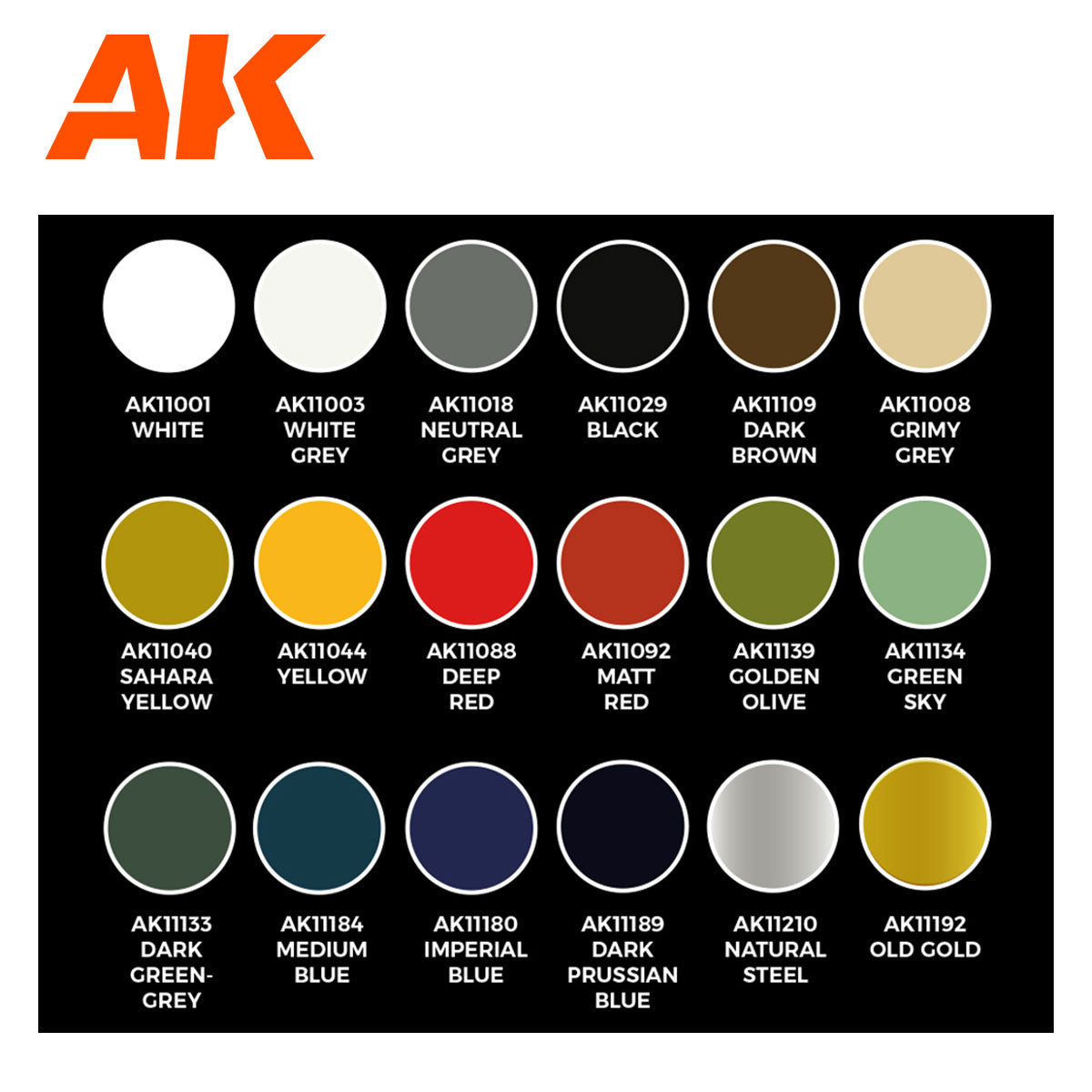 AK paint color chart: 18 color swatches including white -  grey -  black -  brown -  yellow -  red -  green -  blue -  steel -  and gold