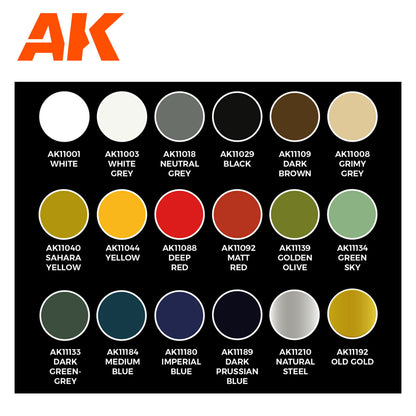 AK paint color chart: 18 color swatches including white -  grey -  black -  brown -  yellow -  red -  green -  blue -  steel -  and gold