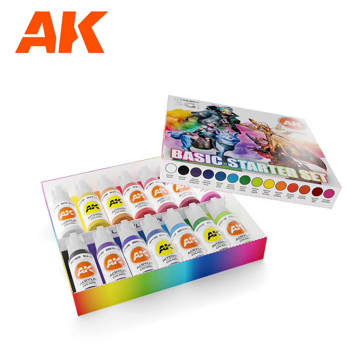 AK Interactive Basic Starter Set: 14 acrylic paint bottles in an open box, next to the set&#39;s closed box
