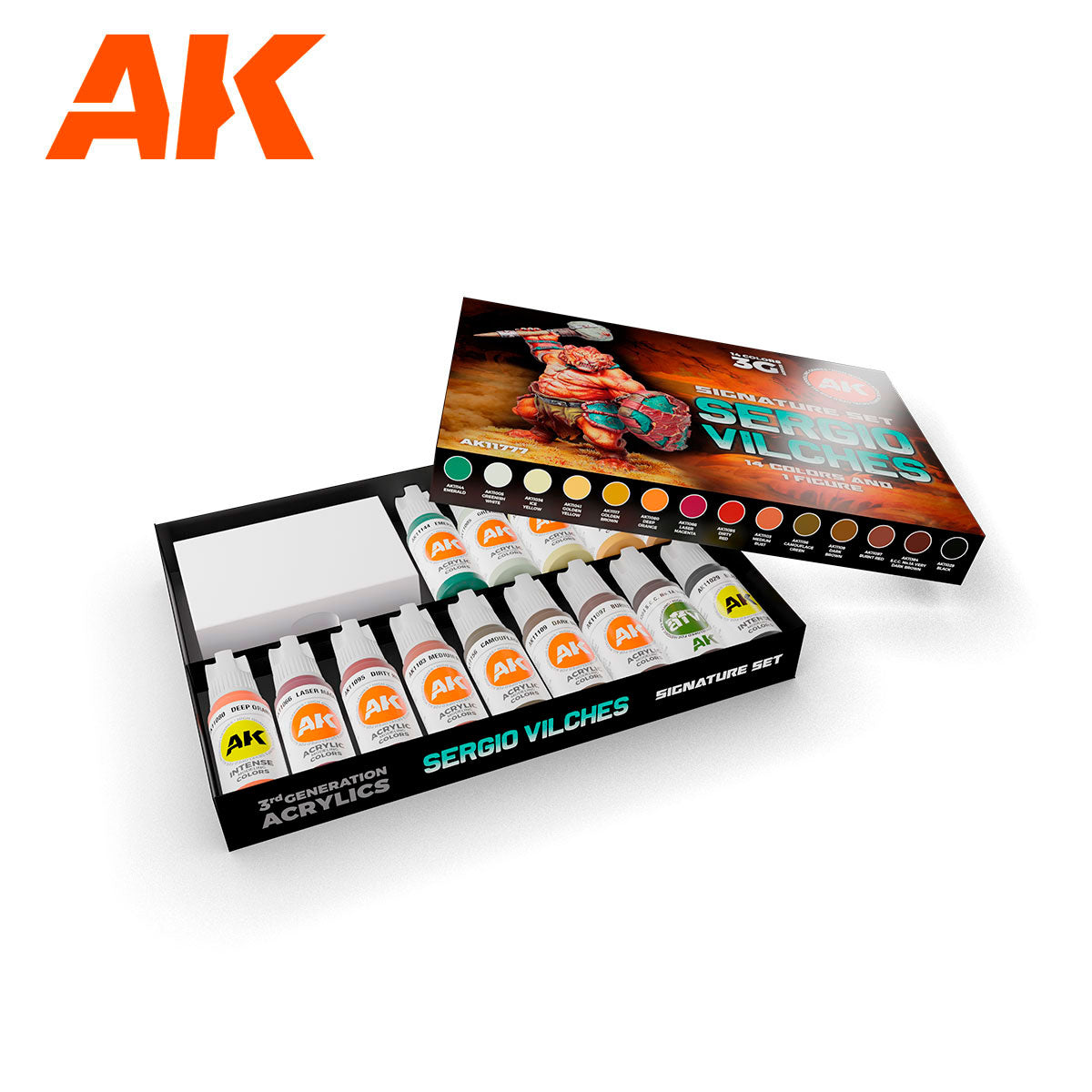 An open AK Interactive 3 Gen Sergio Vilches Signature Set box showing 14 acrylic paint bottles and a lid displaying a painted figure and color swatches