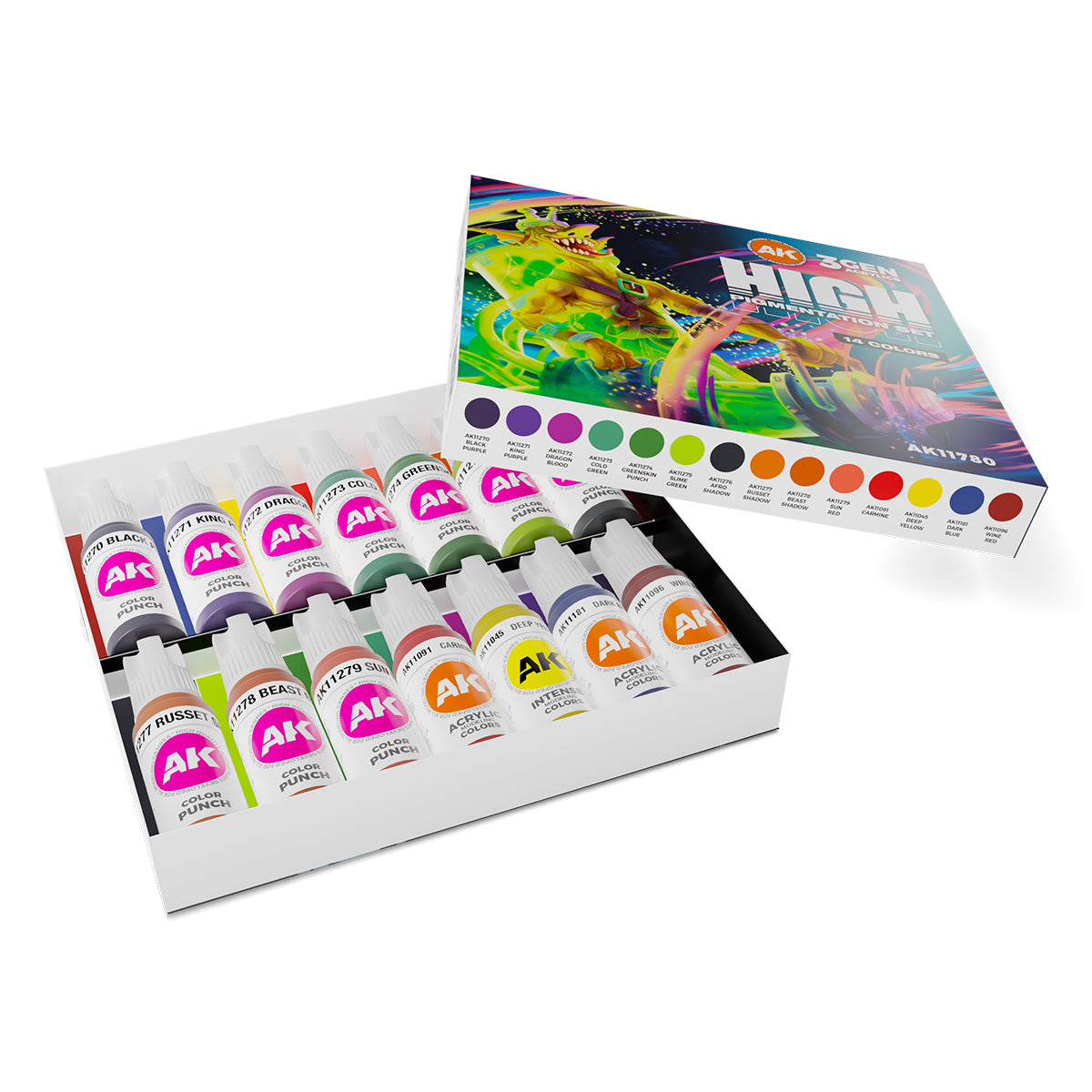 An open box of 14 colorful AK paint bottles, including reds, greens, and purples. The vibrant monster-themed box lid is upright