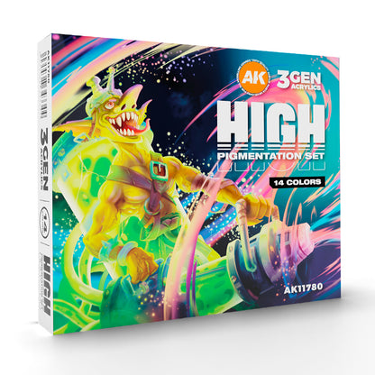 AK 3Gen acrylics 'High Pigmentation Set' box with a vibrant monster character blasting colorful paint