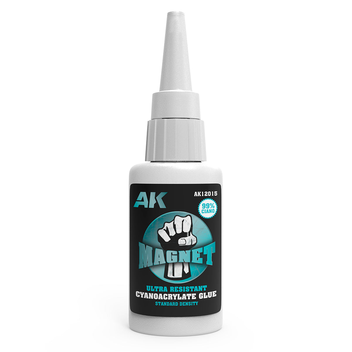 White bottle of AK Magnet cyanoacrylate glue -  black and turquoise label with a clenched fist icon
