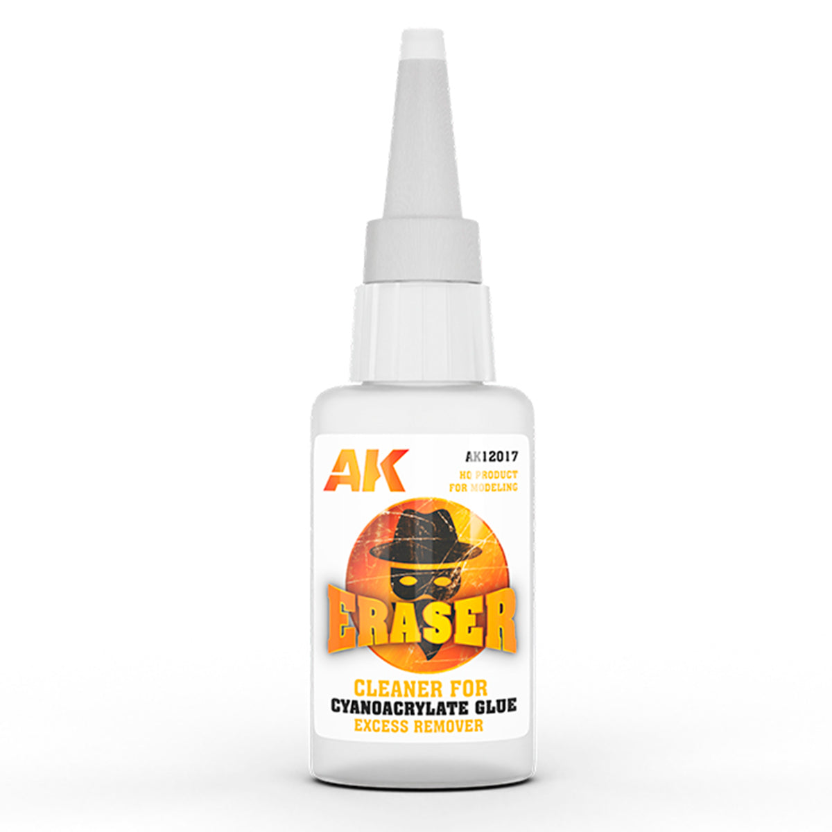 White bottle of AK Eraser cleaner for cyanoacrylate glue/super glue remover, AK12017 modeling product