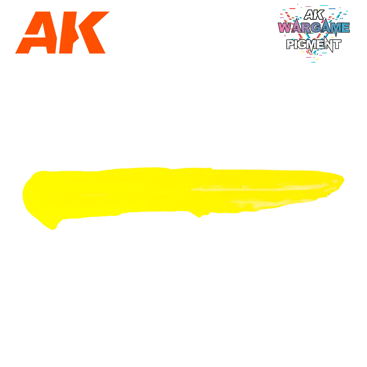 A horizontal swatch of bright yellow pigment on white, with AK Interactive Wargame Pigment logos