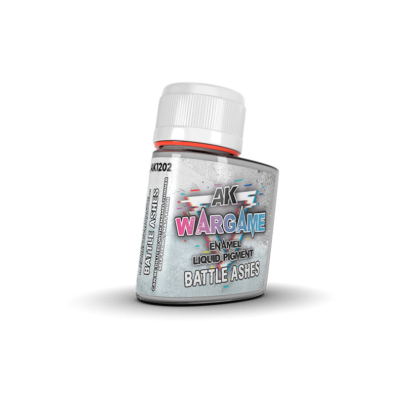 AK Wargame 'Battle Ashes' enamel liquid pigment in a clear bottle with a white cap