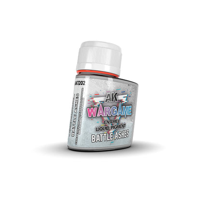 AK Wargame 'Battle Ashes' enamel liquid pigment in a clear bottle with a white cap