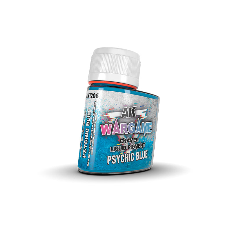 AK Wargame Psychic Blue enamel liquid pigment in a small blue bottle with a white cap