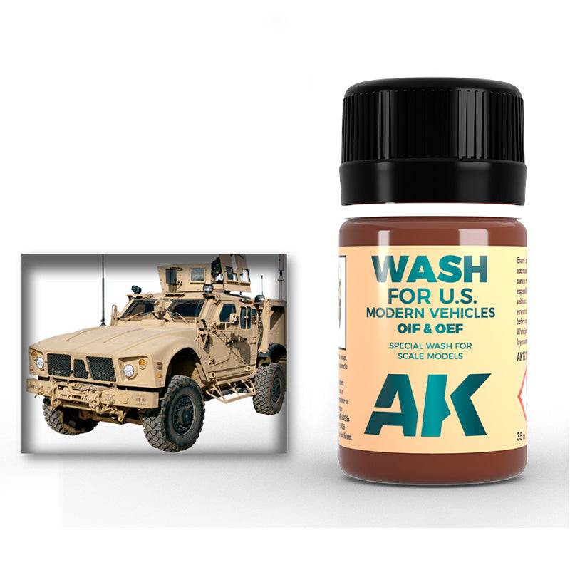 Brown AK model wash bottle for US modern vehicles, displayed with a desert-tan armored military vehicle