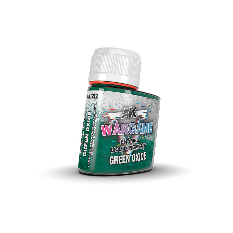 Green bottle of AK Wargame Green Oxide Enamel Liquid Pigment with a white cap