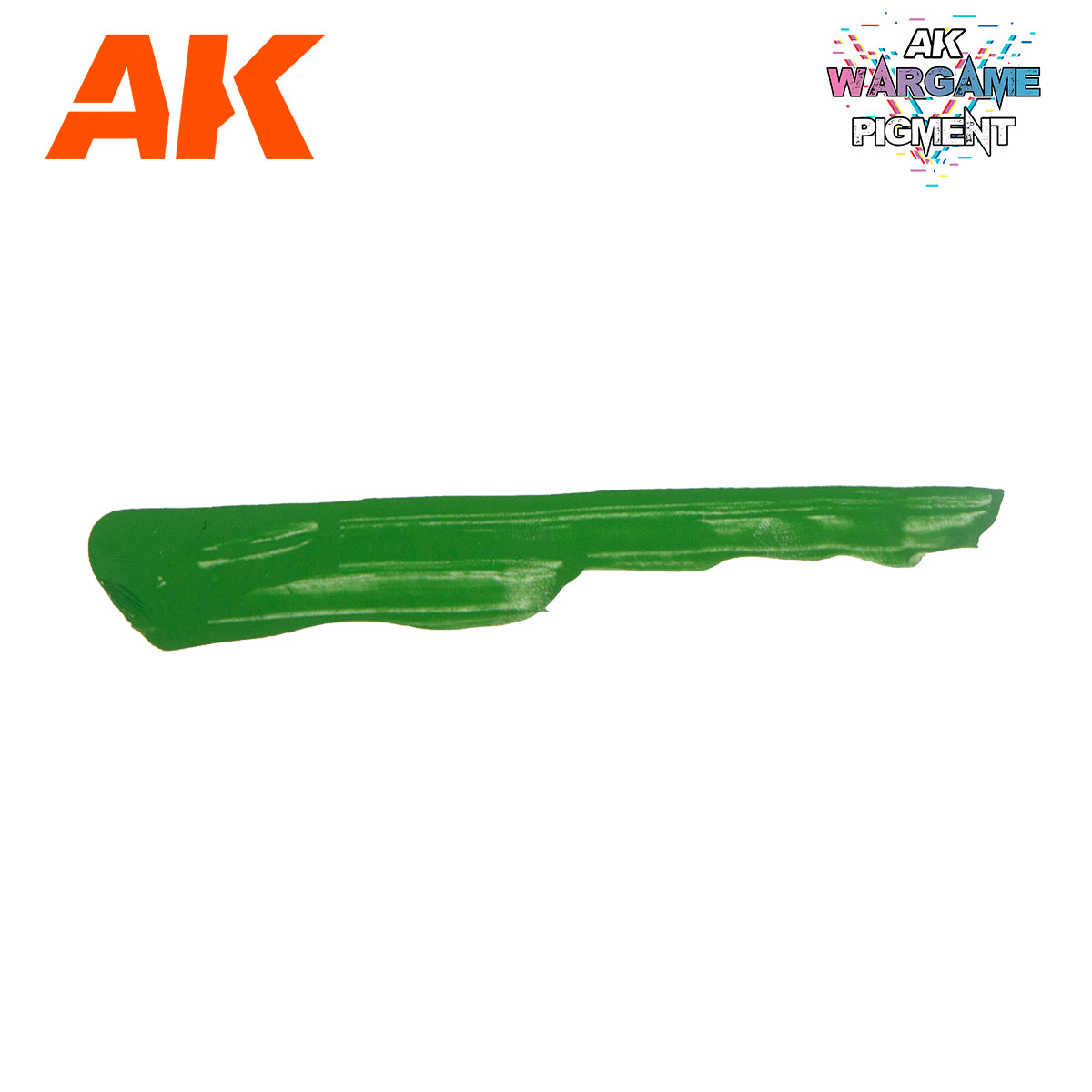 A textured green pigment smear with AK and AK Wargame Pigment logos