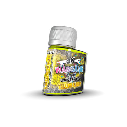 Small bottle of AK Wargame Yellow Fluor enamel paint with a vibrant yellow label and white ribbed cap
