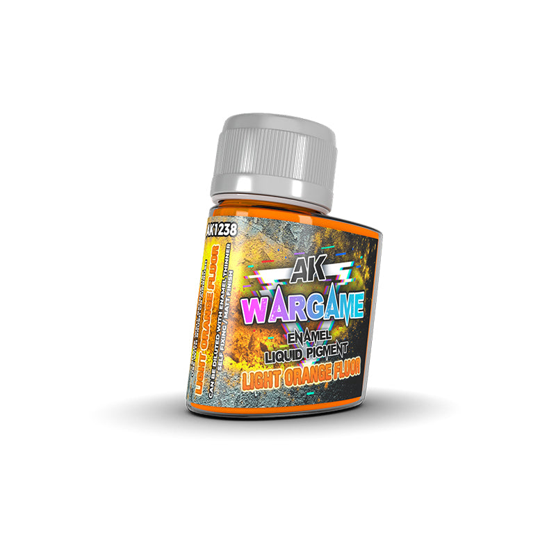 A small bottle of AK Wargame Light Orange Fluor enamel liquid pigment with a gray cap