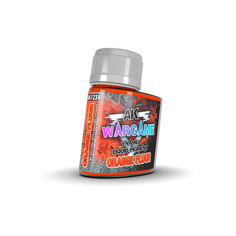 A small orange bottle of AK Wargame "Orange Fluor" enamel liquid pigment with a textured grey cap