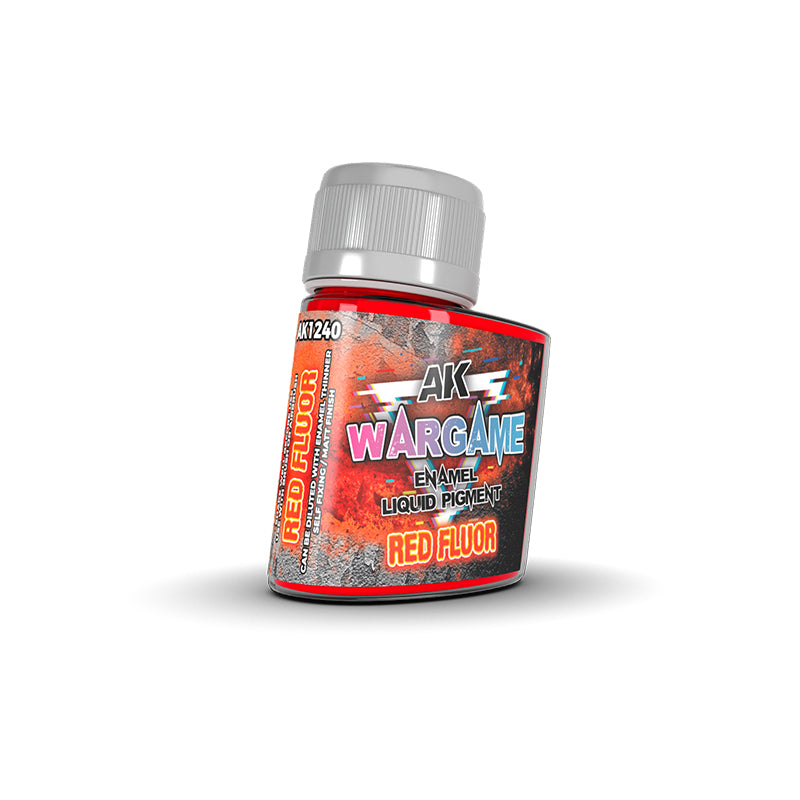 A small bottle of AK Wargame Red Fluor Enamel Liquid Pigment, with a red label and grey cap
