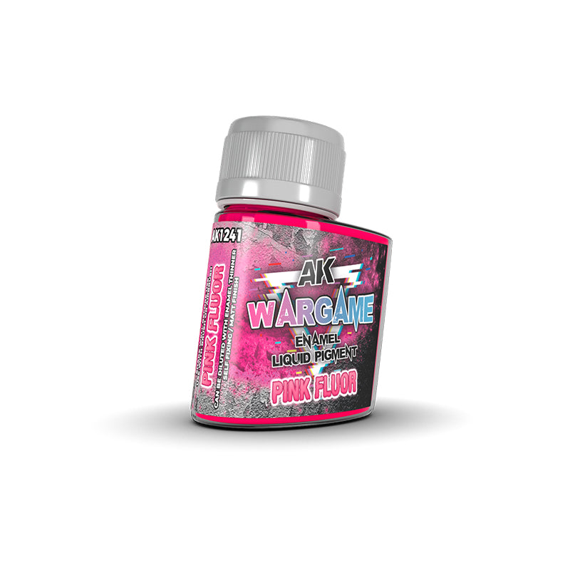A bottle of AK Wargame Pink Fluor enamel liquid pigment with a silver cap