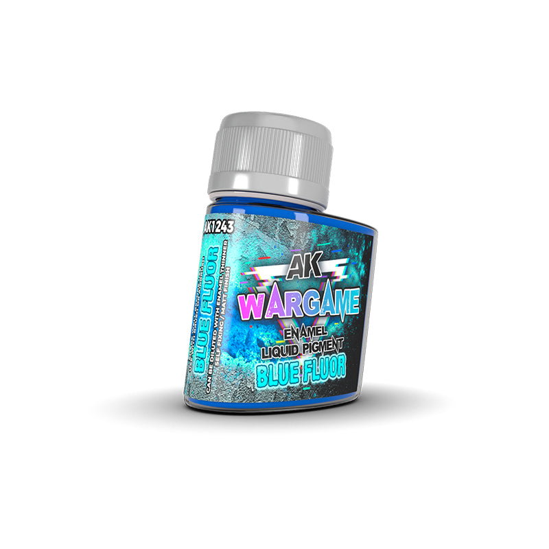 AK Wargame Blue Fluor enamel paint in a small bottle with a blue label and silver cap