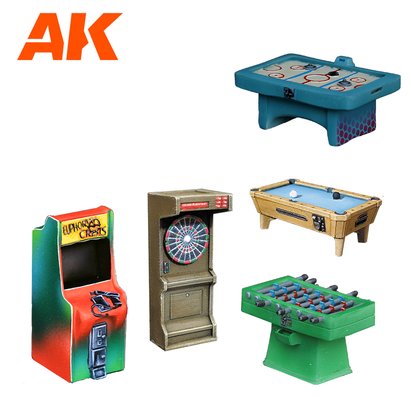 AK logo and five miniature game models: arcade cabinet, dartboard, air hockey, pool, and foosball tables