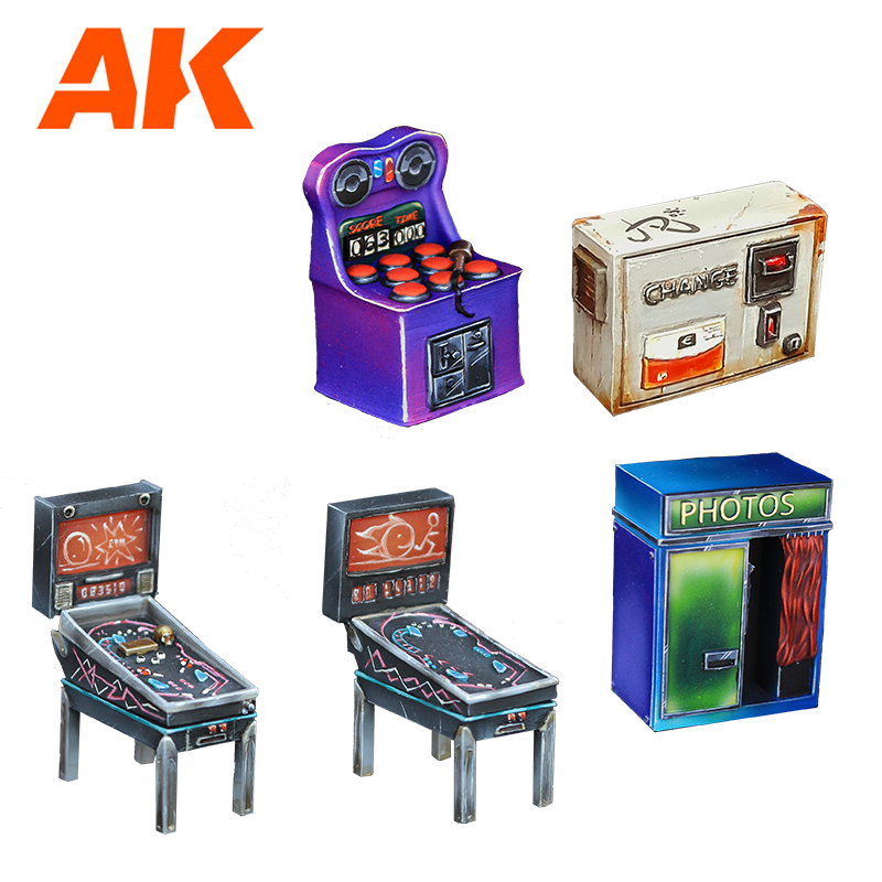 AK Interactive miniature arcade models: two pinball machines, a rhythm game, a change machine, and a photo booth
