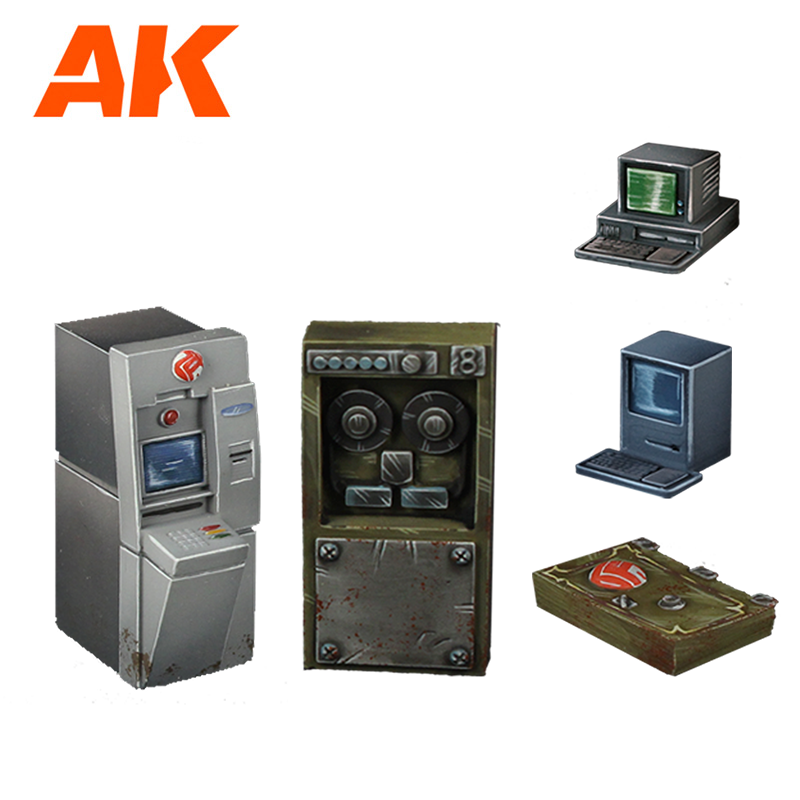AK logo above weathered miniature props: an ATM, control panel, two vintage computers, and an old book