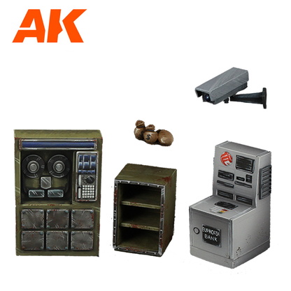 Miniature bank heist props: ATM, money bags, security camera, control panel, and shelf