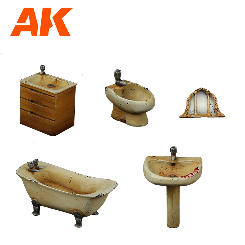 AK diorama accessories: Five weathered miniature items including a sink vanity, bidet, bathtub, pedestal sink, and a broken window