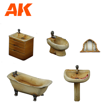 AK diorama accessories: Five weathered miniature items including a sink vanity, bidet, bathtub, pedestal sink, and a broken window