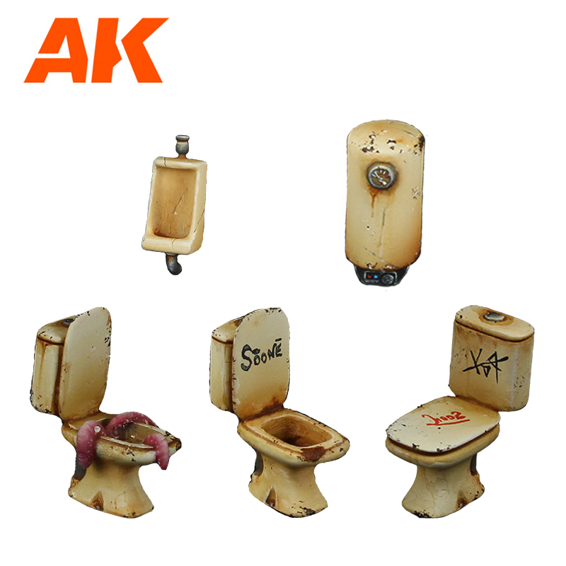 Miniature, grungy bathroom fixtures: three toilets (one with pink worms), a urinal, and a water heater. AK logo