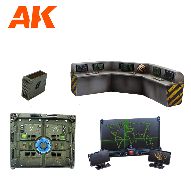 Sci-fi wargaming terrain set: a corner control console, world map display, detailed wall panel, and a small server unit
