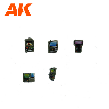 Five miniature military-style electronic devices for scale models, with screens and buttons