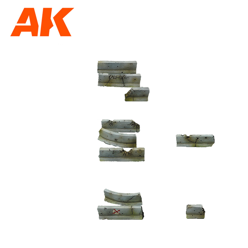 AK logo above various weathered, broken miniature concrete barriers