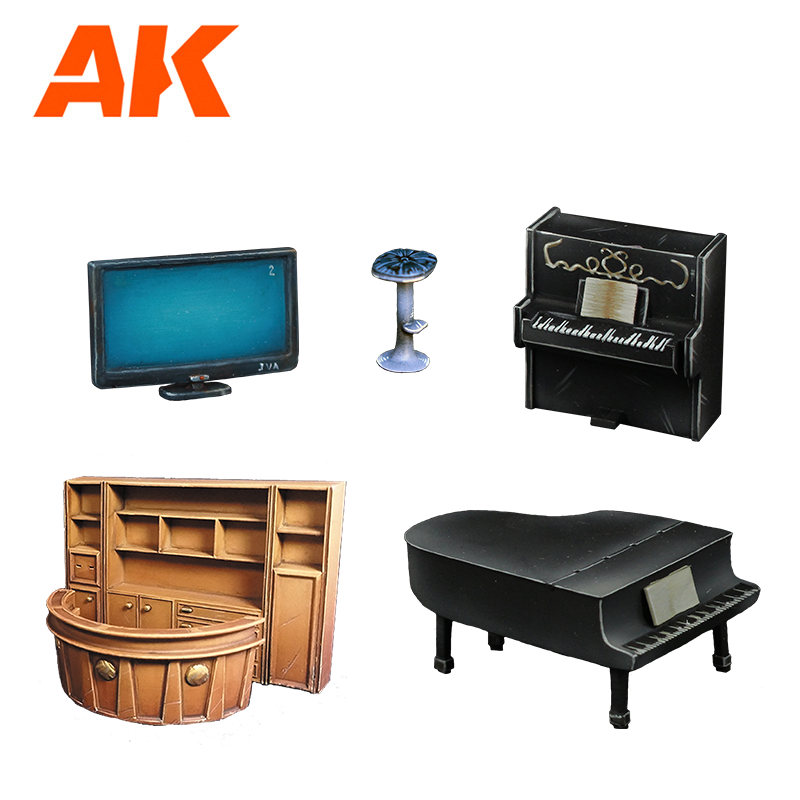 AK brand miniature set: TV, bar stool, upright piano, grand piano, and detailed wooden bar counter