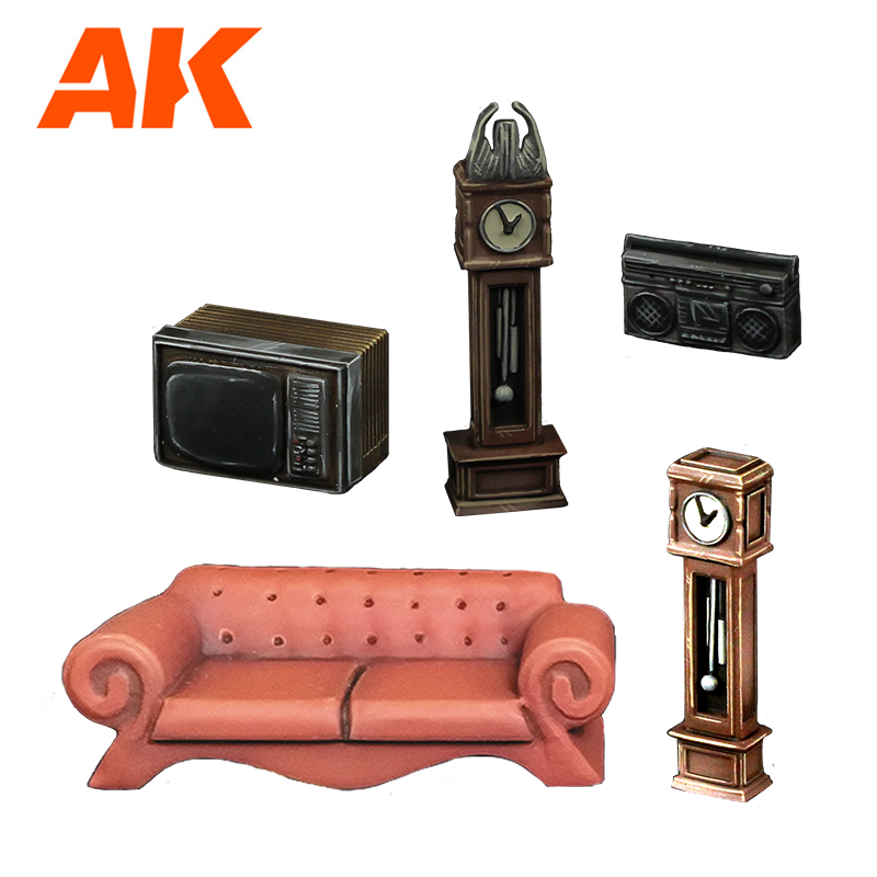 A collection of AK Interactive miniature hobby items: a sofa, old TV, boombox, and two grandfather clocks