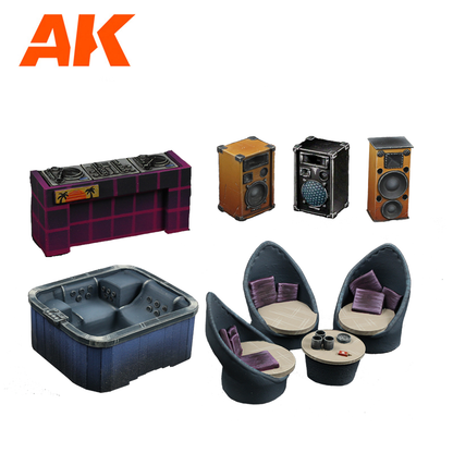 AK Interactive Wargame Resin Scenery Party Time Set features a DJ booth, three speakers, a hot tub, and three modern lounge chairs with a coffee table perfect for 30-35mm gaming