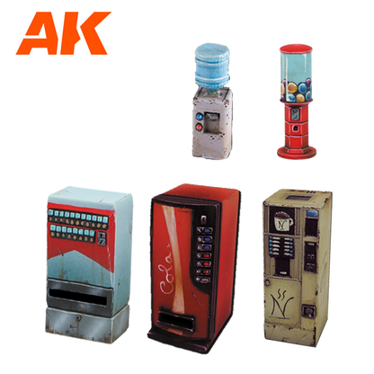 AK miniatures: Five weathered model vending machines, a water cooler, and a gumball machine