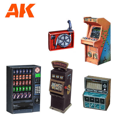 AK brand miniatures: fire hose box, arcade, vending, slot machine, and jukebox