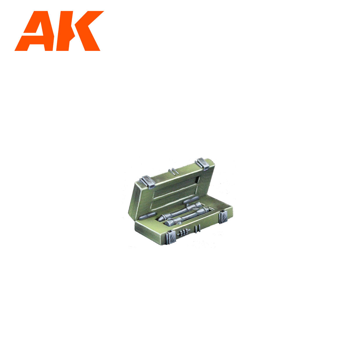 AK logo above an open olive-green case containing several grey cylindrical model parts