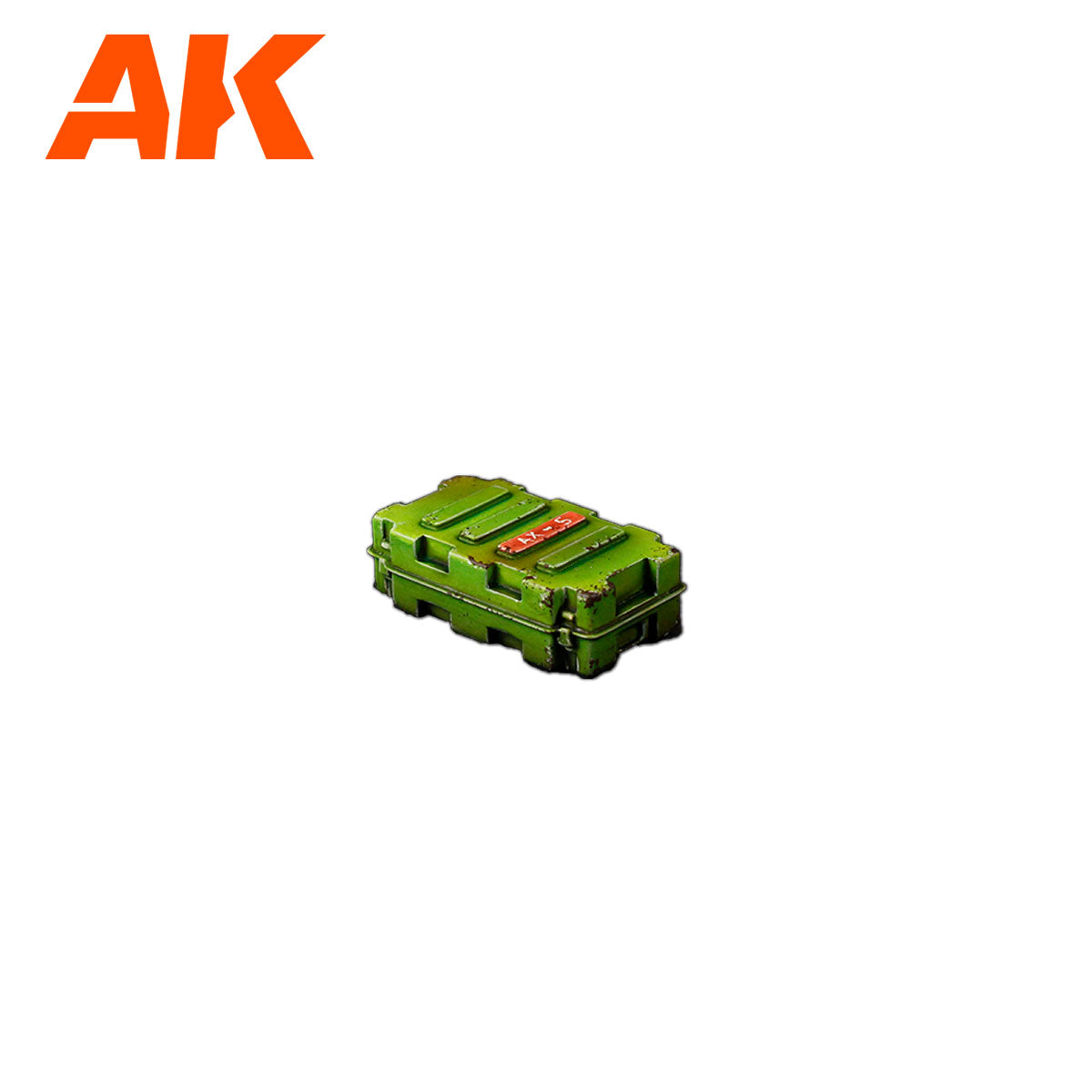 A distressed green military-style ammo box with a red label. Orange AK logo in upper left
