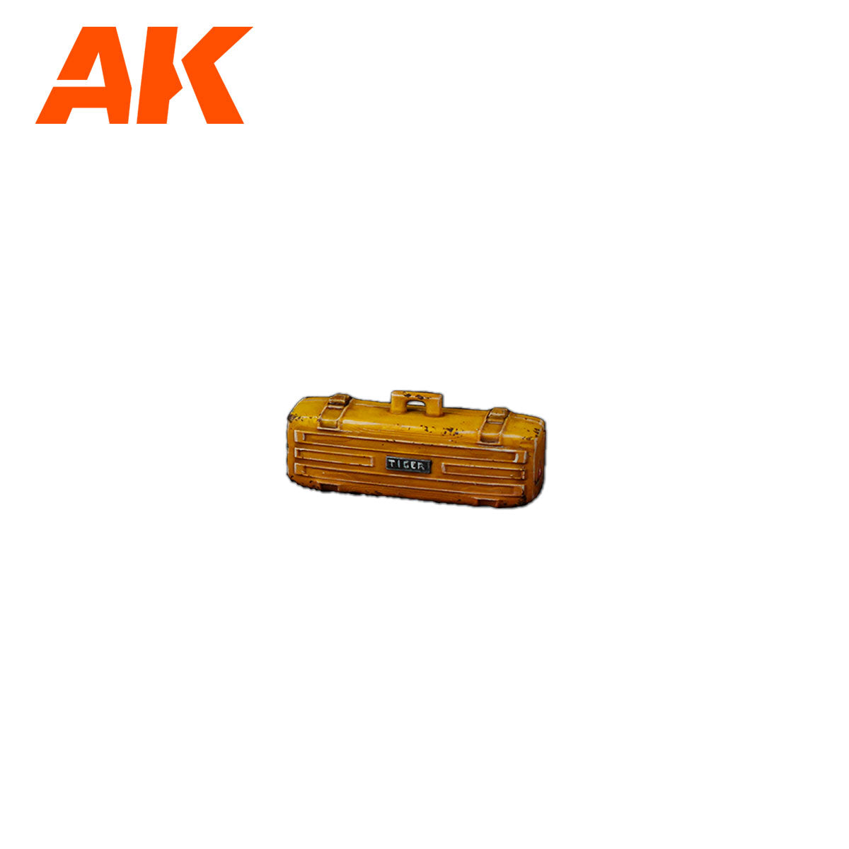 Weathered yellow miniature toolbox with a handle and 'TIGER' label on its side
