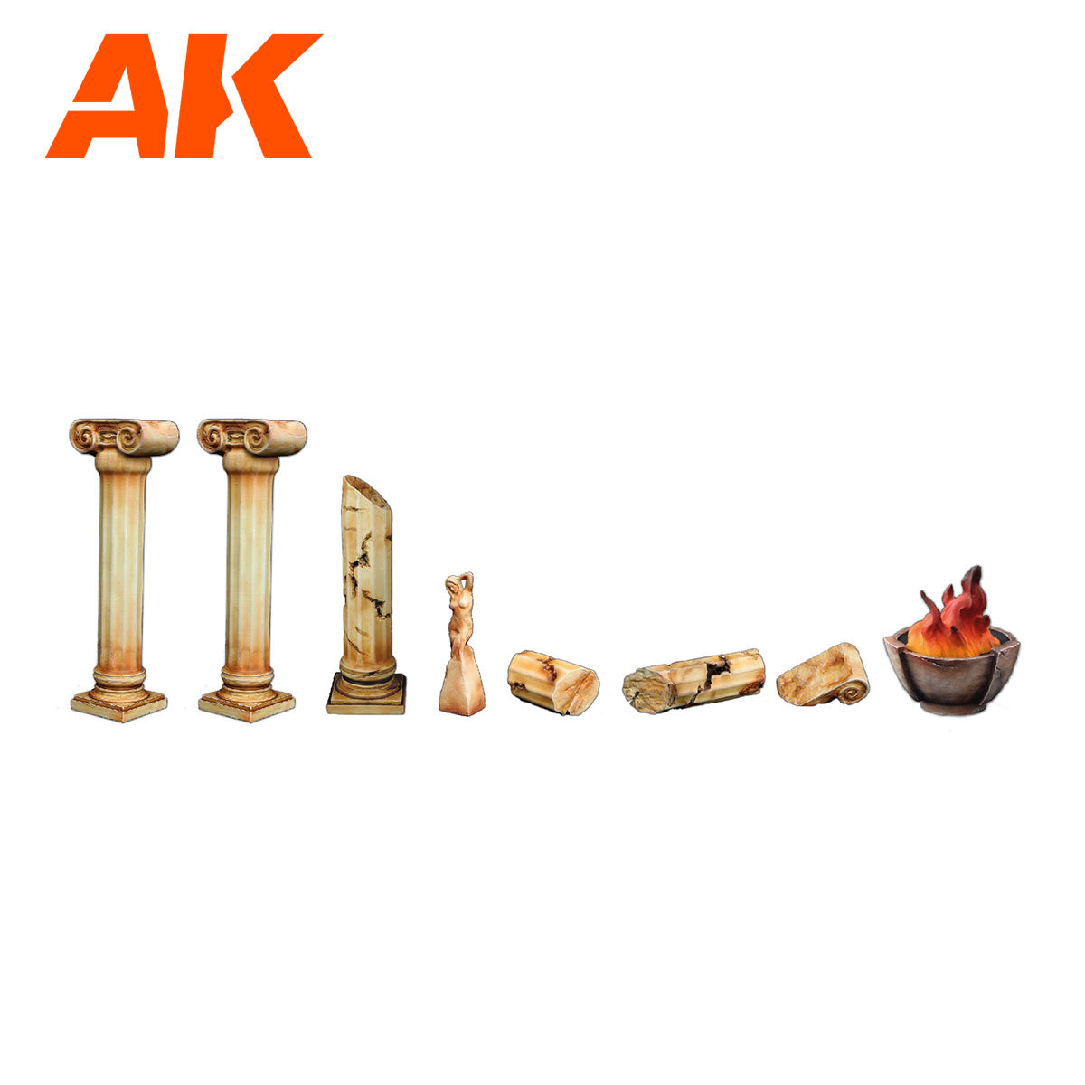 AK Interactive miniatures set: classical columns, a statue, stone fragments, and a flaming brazier