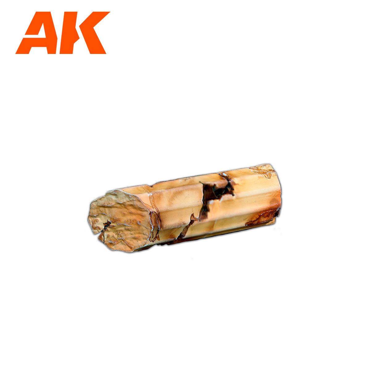 A weathered, light brown wood piece with dark cracks and stains, an orange AK Interactive logo is in the top left