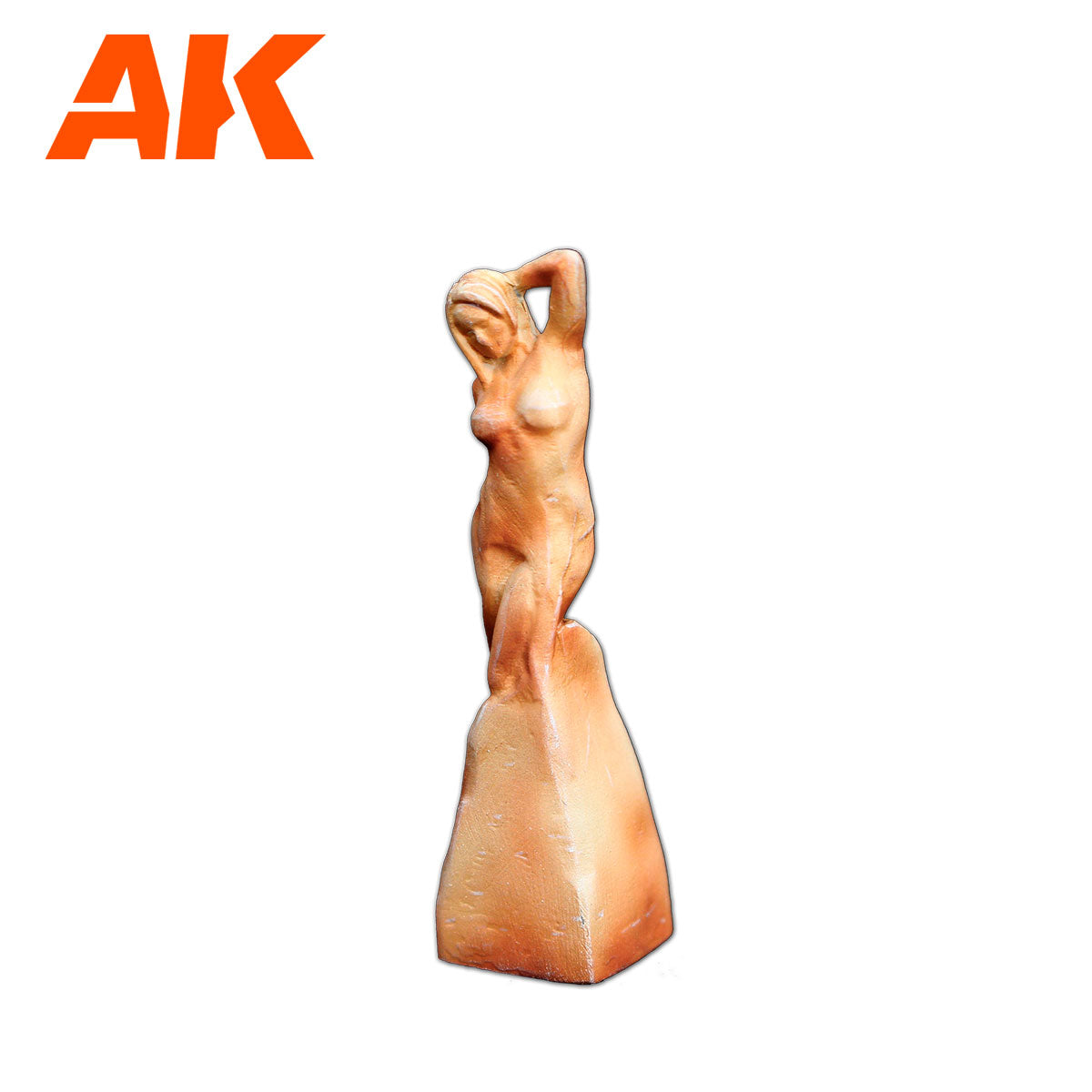 Terracotta-like nude female statue with arms raised, standing on a base, AK Interactive logo