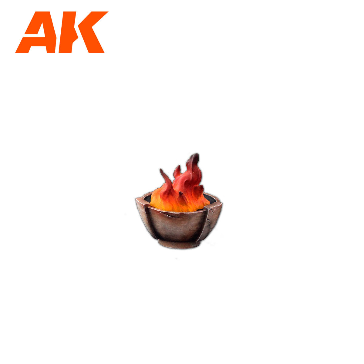 Orange AK Interactive logo above a stylized brazier with orange and red flames