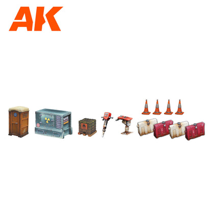 AK Interactive brand set of detailed miniature construction and industrial terrain, including tools, containers, and barriers