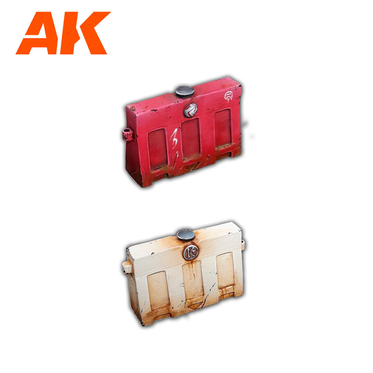 Two weathered scale model concrete barriers, one red and one white, with realistic rust effects, AK Interactive logo