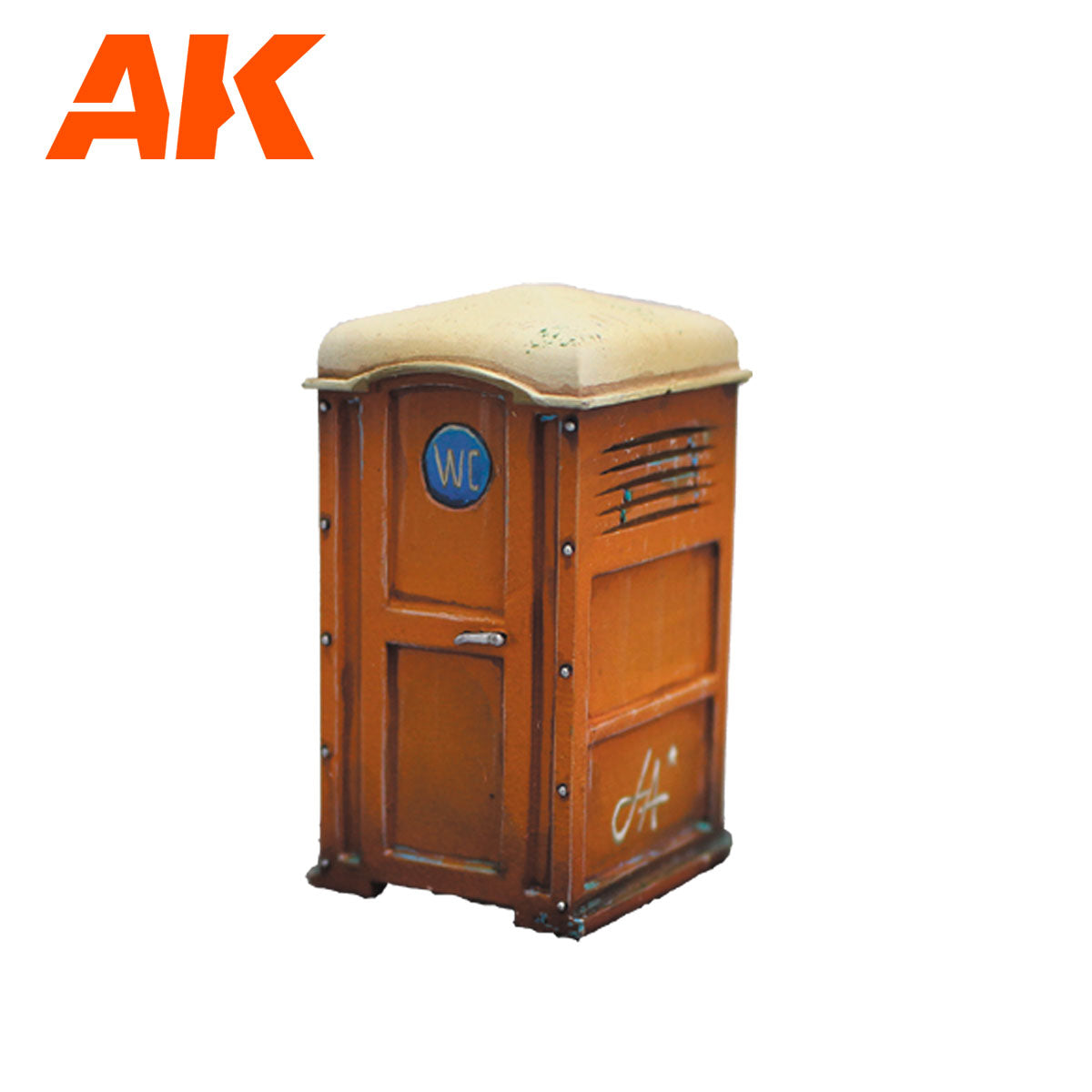 AK Interactive brand model of an orange portable toilet with a light roof and WC sign