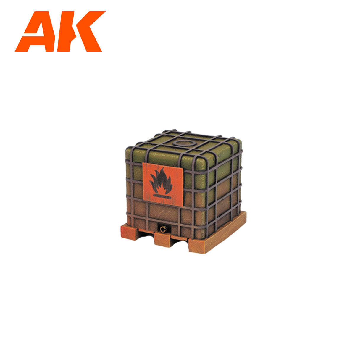 Scale model of an olive green industrial container with a flammable symbol, caged on a wooden pallet